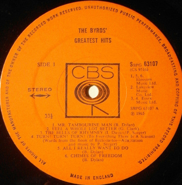 Image of Label Cover of LP - VG+/VG+ - THE BYRDS, Greatest Hits (CBS Orange (33 1/3 On Label); SBPG 63107, UK 1967, Stereo), writing on Rear Sleeve,  - 3926127E