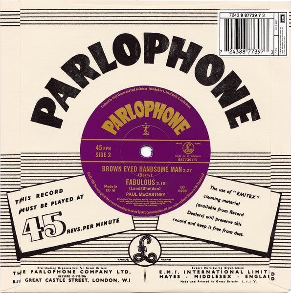 Image of Back Cover of 2615554C: 7" - PAUL MCCARTNEY, No Other Baby / Brown Eyed Handsome Man (Parlophone; R 6527, Europe 1999, Company Sleeve)   EX/EX