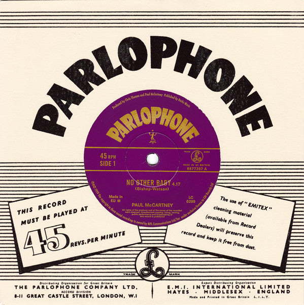 Image of Front Cover of 2615554C: 7" - PAUL MCCARTNEY, No Other Baby / Brown Eyed Handsome Man (Parlophone; R 6527, Europe 1999, Company Sleeve)   EX/EX