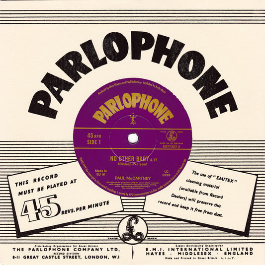 Image of Front Cover of 2615554C: 7" - PAUL MCCARTNEY, No Other Baby / Brown Eyed Handsome Man (Parlophone; R 6527, Europe 1999, Company Sleeve)   EX/EX