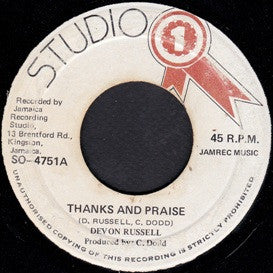 Image of Front Cover of 2615570C: 7" - DEVON RUSSELL, Thanks And Praise (Studio One; SO-4751, Jamaica 1981) Weak Vg, plays ok. Label damage.  /VG