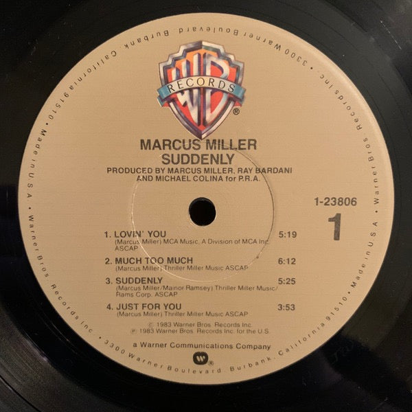 Image of Back Cover of 2615581C: LP - MARCUS MILLER, Suddenly (Warner Bros. Records; 1-23806, US 1983, Inner) Light marks and slight warp. Edge wear to sleeve. Split inner. Cut-out (Notched).  VG/G+
