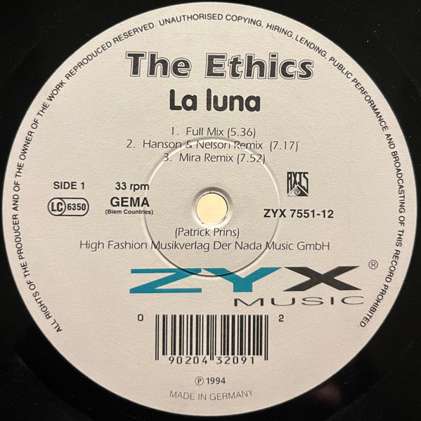 Image of Back Cover of 2715019C: 12" - THE ETHICS, La Luna (ZYX Music; ZYX 7551-12, Germany 1994) Black ink on label  /VG
