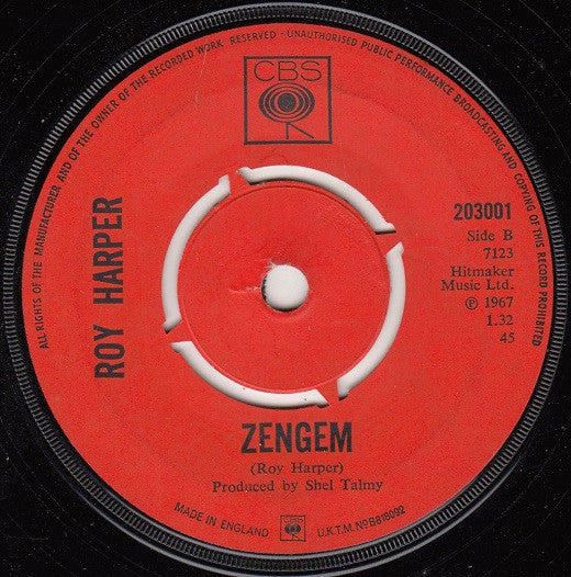 Image of Back Cover of 2625334E: 7" - ROY HARPER, Midspring Dithering / Zengem (CBS; 203001, UK 1967, Company Sleeve) Light Surface Noise, Writing On Sleeve  VG/G+