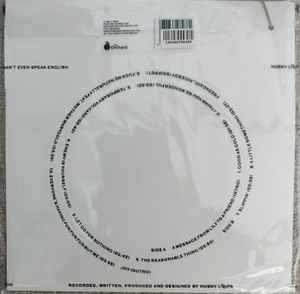 Image of Back Cover of LP - VG/VG+ - HUSKY LOOPS, I Can't Even Speak English (Fighting Ourselves Records; FOLP004, UK 2019, Printed Plastic Sleeve, Clear Vinyl, Ltd to 500, with Pen on chain to "draw your own artwork"), small seam split bottom edge of printed plasted sleeve,  - 2745054S