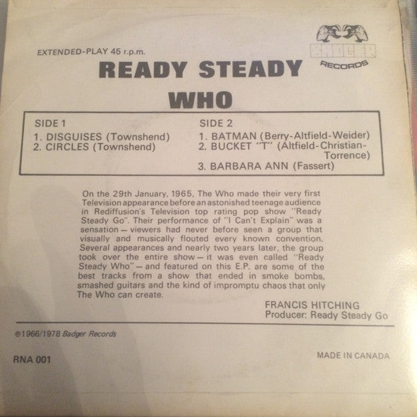 Image of Back Cover of 2725076E: 7" EP - THE WHO, Ready Steady Who (Badger Records; RNA 001, Canada 1978 Reissue, Black And White Picture Sleeve) Slight Fogging To Vinyl, Sleeve Creased  VG/VG+