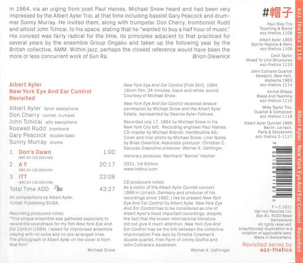 Image of Back Cover of 2715207C: CD - ALBERT AYLER, DON CHERRY, JOHN TCHICAI, ROSWELL RUDD, GARY PEACOCK, SUNNY MURRAY, New York Eye And Ear Control (ezz-thetics; ezz-thetics 1118, Switzerland 2021, Digipak)   EX/EX