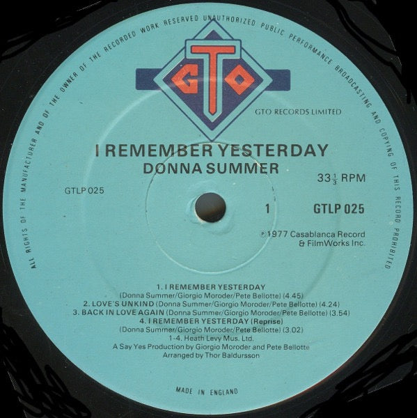 Image of Label Cover of LP - VG/G+ - DONNA SUMMER, I Remember Yesterday (GTO; GTLP 025, UK 1977), Some longer marks on disc,  - 3216430C