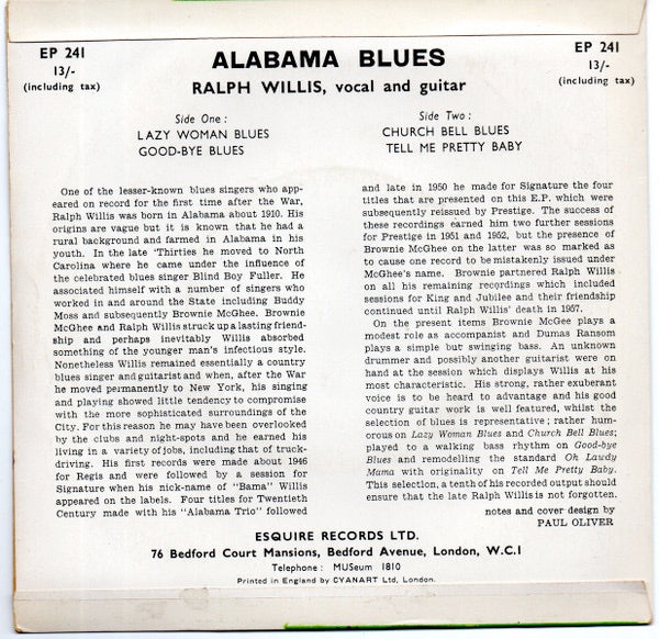 Image of Back Cover of 7" - VG/VG+ - RALPH WILLIS, Alabama Blues (Esquire; EP 241, UK 1961, Picture Sleeve), Strong VG to sleeve - only some staining to reverse. ,  - 2715461C