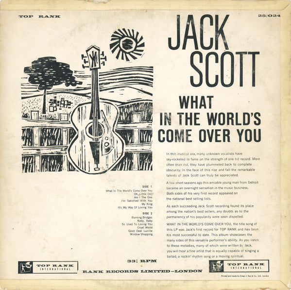 Image of Back Cover of 2725211E: LP - JACK SCOTT, What In The World's Come Over You (Top Rank International; 25/024, UK 1960)   VG/VG