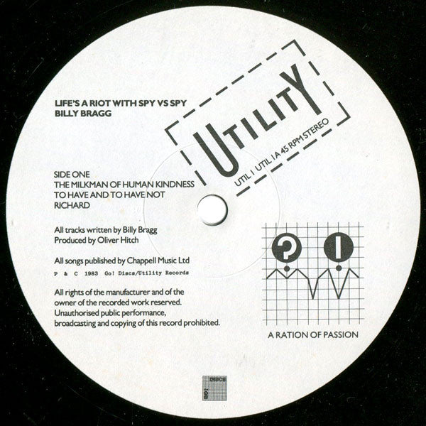 Image of Label Cover of Mini LP - VG/G+ - BILLY BRAGG, Life's A Riot With Spy Vs Spy (Utility; UTIL 1, UK 1983, Second Press With Square Go Discs Logos), ,  - 3626439E