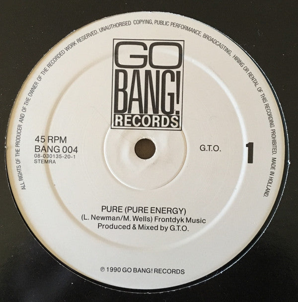 Image of Front Cover of 12" - VG/VG - G.T.O., Pure (Go Bang! Records ; BANG 004, Netherlands 1990, Stickered Plain Sleeve), Hairlines.,  - 3416032C