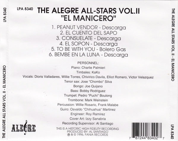 Image of Back Cover of CD - VG+/VG+ - THE ALEGRE ALL STARS, The Alegre All Stars Vol. 2 - El Manicero (Alegre Records; LPA 8340,  1996 Reissue, Jewel Case), ,  - 2815084C