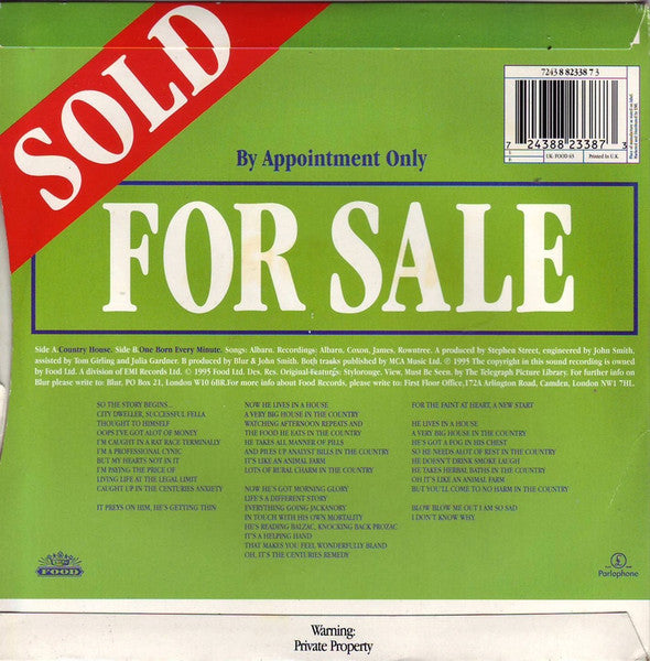 Image of Back Cover of 7" - VG+/VG+ - BLUR, Blur's Country House (Food; FOOD 63, UK 1995, Picture Sleeve), ,  - 3316199C