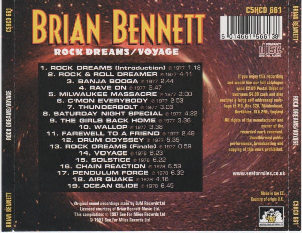 Image of Back Cover of CD - VG+/VG+ - BRIAN BENNETT, Rock Dreams / Voyage (See For Miles Records Ltd.; C5HCD 661, UK 1997, Jewel Case), ,  - 2835098E