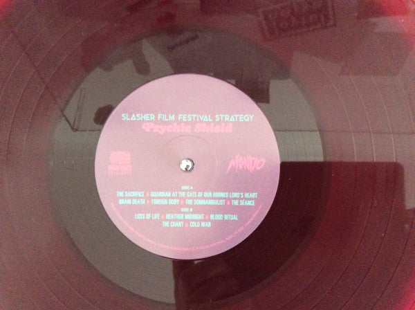Image of Label Cover of LP - EX/VG+ - THE SLASHER FILM FESTIVAL STRATEGY , Psychic Shield (Death Waltz Originals; DWO12, US 2015, Insert, Burgundy Vinyl, Limited Edition Of 100, With Obi), Strong VG+, Still In Shrinkwrap,  - 2825081E