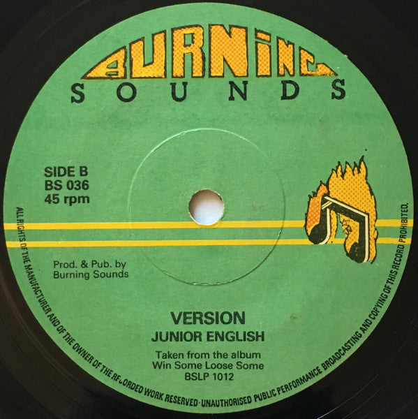 Image of Back Cover of 7" - /VG - JUNIOR ENGLISH, In Loving You (Burning Sounds; BS 036, UK 1977, Solid Centre), Light marks. WOL,  - 3826311E