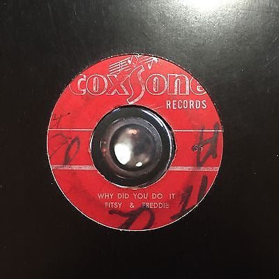 Image of Front Cover of 2815190C: 7" - FITSY & FREDDIE / MARCIA GRIFFITHS, Why Did You Do It / Funny (Coxsone Records; 56 / 57, Jamaica 1966) Record very slightly dished. Labels off-centre with Green Shield stamp on A-side. Marks on both sides though deeper ones on B-side � background noise and clicks  /G