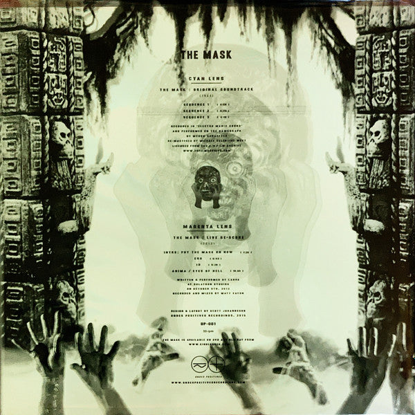 Image of Back Cover of 2xLP - EX/EX - MYRON SCHAEFFER, LARVA, The Mask - Soundtracks (Ondes Positives Recordings ; OP-001, UK 2015, Die Cut Gatefold In Printed Plastic Outer Sleeve, 2 Inserts, Numbered Card, Postcard And Lobby Card, Single Sided Cyan And Magenta Discs Without Labels), Limited Edition No 183/300,  - 2825083E