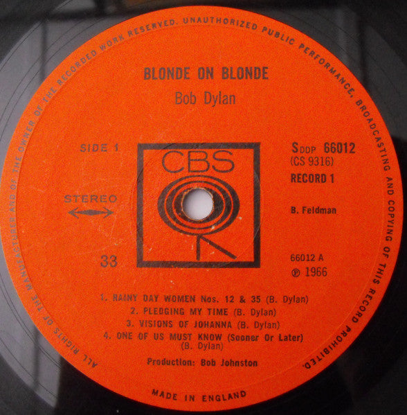 Image of Label Cover of 2xLP - VG/G - BOB DYLAN, Blonde On Blonde (CBS Orange (33 On Label); SDDP 66012, UK 1966, Laminated Gatefold Sleeve, Stereo on sleeve, "Memphis Blues Again" On Sleeve & Label), , Disc 2 is very marked and slightly warped but seems to play remarkably well. Disc 1 is more G+, slightly less marked. - 1726160E