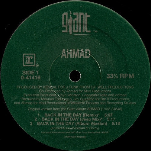 Image of Back Cover of 12" - G+/VG+ - AHMAD, Back In The Day (Giant Records; 0-41416, US 1994, Picture Sleeve), Sleeve partly shrink-wrapped, with wear and creasing along opening and at corners,  - 2815342C