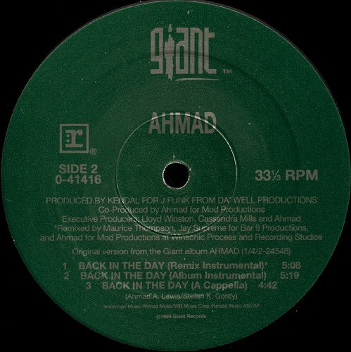 Image of Label Cover of 12" - G+/VG+ - AHMAD, Back In The Day (Giant Records; 0-41416, US 1994, Picture Sleeve), Sleeve partly shrink-wrapped, with wear and creasing along opening and at corners,  - 2815342C