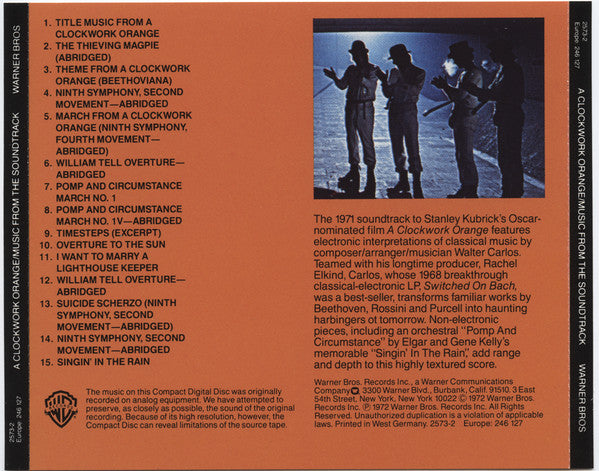 Image of Back Cover of 2855145S: CD - VARIOUS, Stanley Kubrick's A Clockwork Orange - Music From The Original Motion Picture Soundtrack (Warner Bros. Records; 2573-2, UK, Europe & US 1984) one scratch on CD  VG+/VG