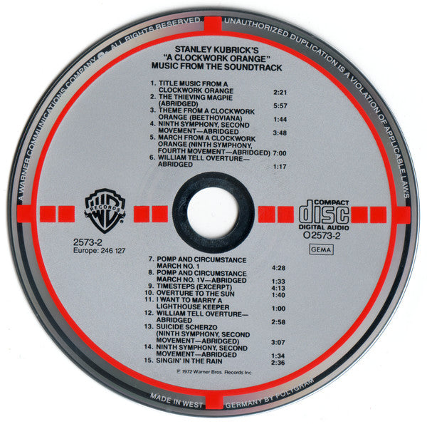 Image of Label Cover of 2855145S: CD - VARIOUS, Stanley Kubrick's A Clockwork Orange - Music From The Original Motion Picture Soundtrack (Warner Bros. Records; 2573-2, UK, Europe & US 1984) one scratch on CD  VG+/VG