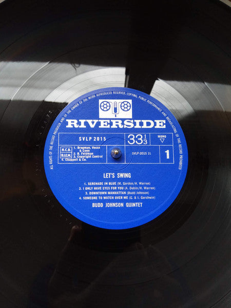 Image of Label Cover of 4144059S: LP - THE BUDD JOHNSON QUINTET, Let's Swing (Prestige Swingville (Blue/Silver Riverside Labels); SVLP 2015, Prestige Swingville    2015, UK 1962, Laminated Flipback Sleeve, Mono) Long hairline on side 1. Slight staining and creasing to back of sleeve, very light ringwear.   VG/VG