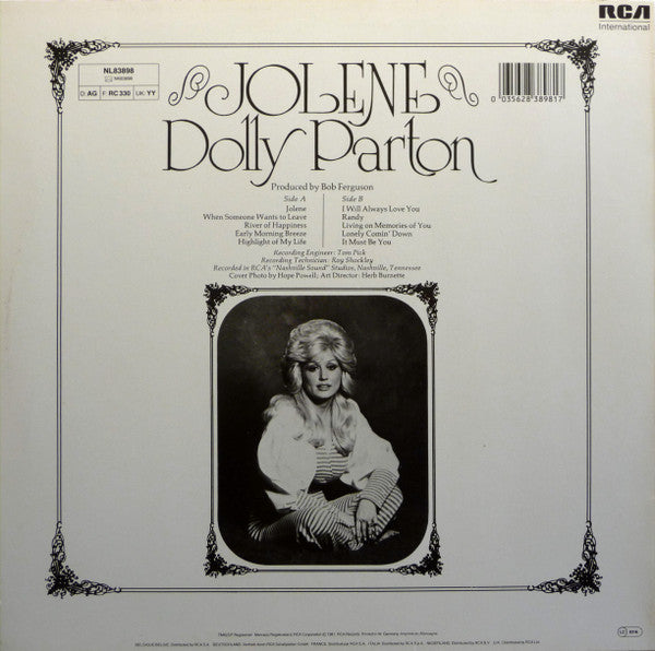 Image of Back Cover of LP - VG/VG - DOLLY PARTON, Jolene (RCA International; NL83898, Europe 1985 Reissue), ,  - 1626341E