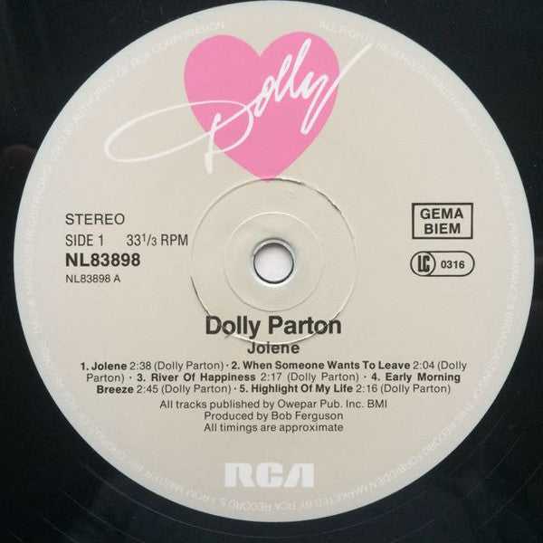 Image of Label Cover of LP - VG/VG - DOLLY PARTON, Jolene (RCA International; NL83898, Europe 1985 Reissue), ,  - 1626341E