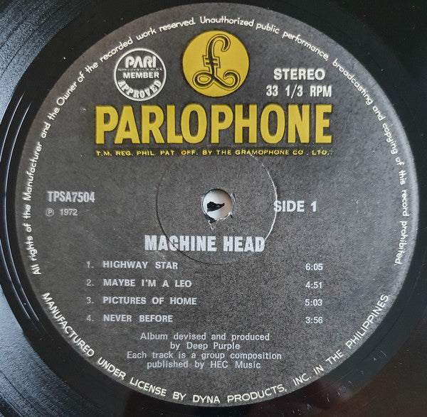 Image of Label Cover of 2815384C: LP - DEEP PURPLE, Machine Head (Parlophone; TPSA-7504, Philippines 1970s Reissue, Gatefold) Plays well, Heavy spine wear  VG/VG