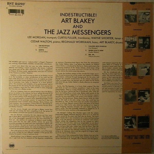 Image of Back Cover of LP - VG+/EX - ART BLAKEY & THE JAZZ MESSENGERS, Indestructible (Blue Note; BST 84193, US 1985 Reissue, Cadre Rouge Audiophile Edition), The sleeve is VG++ and the record looks unplayed. Beautiful copy.,  - 2925002E