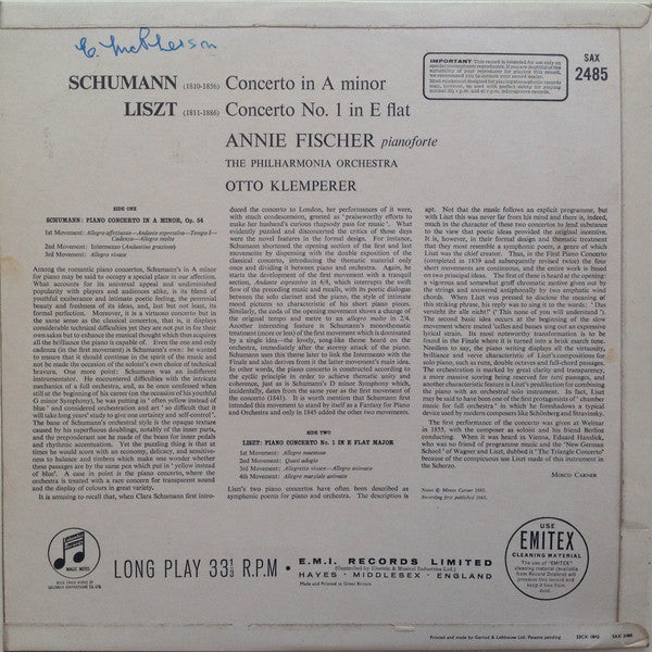 Image of Back Cover of 2925036E: LP - ANNIE FISCHER, OTTO KLEMPERER, PHILHARMONIA ORCHESTRA, Schumann: Concerto In A Minor / Liszt: Concerto No. 1 In E Flat Major (Columbia Red With Dark Semi Circle Notes Logo; SAX 2485, UK 1963, Laminated Flipback Sleeve With Small Stereo Text) Minor Fogging  VG+/VG