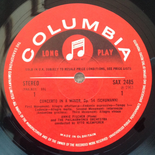 Image of Label Cover of 2925036E: LP - ANNIE FISCHER, OTTO KLEMPERER, PHILHARMONIA ORCHESTRA, Schumann: Concerto In A Minor / Liszt: Concerto No. 1 In E Flat Major (Columbia Red With Dark Semi Circle Notes Logo; SAX 2485, UK 1963, Laminated Flipback Sleeve With Small Stereo Text) Minor Fogging  VG+/VG