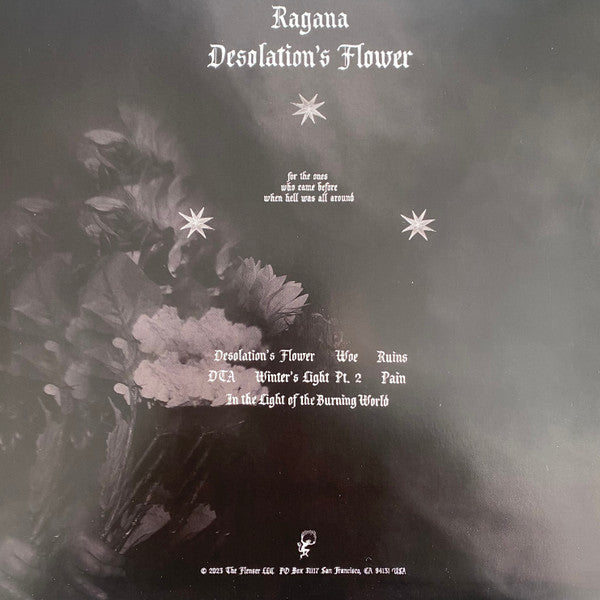 Image of Back Cover of LP - VG+/VG+ - RAGANA, Desolation's Flower (Flenser Records; FR150, USA, Canada & Europe 2023, Outer Plastic Sleeve With Hype Sticker, Cream With Black & Pink Splatter Vinyl), ,  - 2925052E