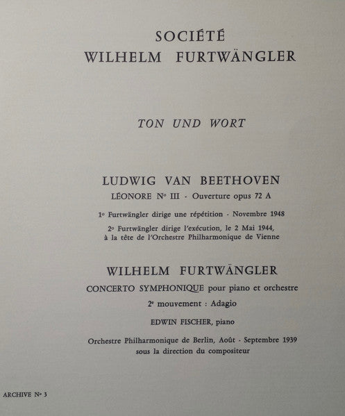 Image of Back Cover of 2925057E: LP - WILHELM FURTW�NGLER, BERLIN PHIL, WIENER PHIL, Beethoven: Ton Und Wort (Archive N� 3), Leonore III, Piano Cto 2nd Movement (Societe Wilhelm Furtwangler; SWF 7.101, France 1971, Flipback Suede Style Brown Sleeve With Gold Text)   VG/VG