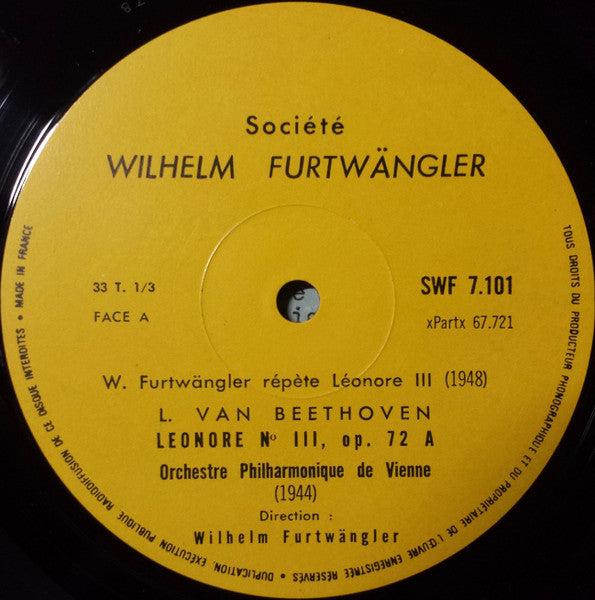 Image of Label Cover of 2925057E: LP - WILHELM FURTW�NGLER, BERLIN PHIL, WIENER PHIL, Beethoven: Ton Und Wort (Archive N� 3), Leonore III, Piano Cto 2nd Movement (Societe Wilhelm Furtwangler; SWF 7.101, France 1971, Flipback Suede Style Brown Sleeve With Gold Text)   VG/VG