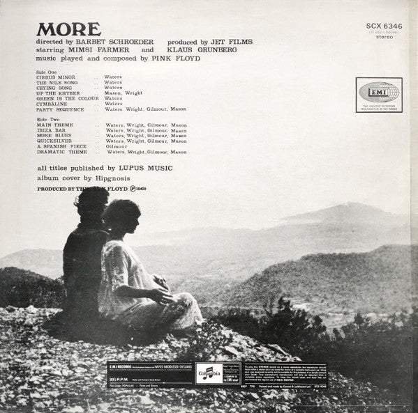 Image of Back Cover of LP - VG/G+ - PINK FLOYD, Soundtrack From The Film "More" (Columbia; SCX 6346, UK 1973 Reissue, Laminated Front Non Flipback G&L Sleeve, Two EMI Logos on Labels, Couple on Rear Sleeve Photo Left Aligned), Approx 2" seam split along top edge, some ring wear and laminate creasing. Quite a few hairlines on side 1, closer to VG on side 2. ,  - 1726416E