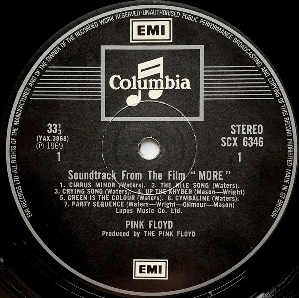 Image of Label Cover of LP - VG/G+ - PINK FLOYD, Soundtrack From The Film "More" (Columbia; SCX 6346, UK 1973 Reissue, Laminated Front Non Flipback G&L Sleeve, Two EMI Logos on Labels, Couple on Rear Sleeve Photo Left Aligned), Approx 2" seam split along top edge, some ring wear and laminate creasing. Quite a few hairlines on side 1, closer to VG on side 2. ,  - 1726416E