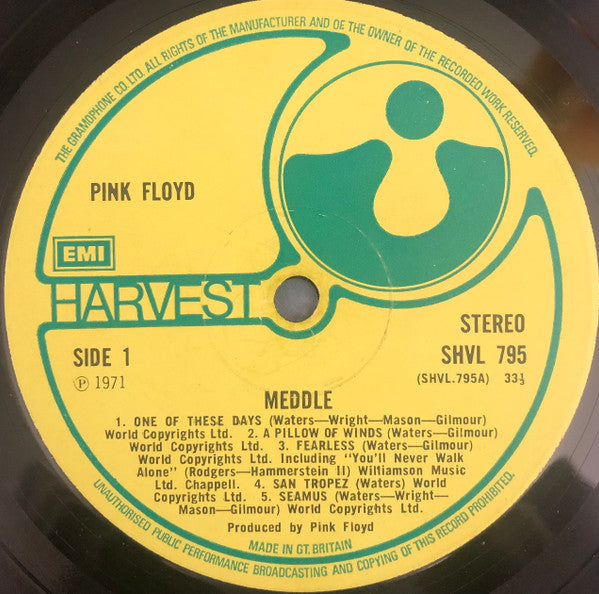 Image of Label Cover of LP - VG/VG - PINK FLOYD, Meddle (Harvest; SHVL 795, UK 1971, Gatefold Sleeve With Texture on Outside Only, GRAMOPHONE CO. Rim Text, EMI Box, MADE IN GT. BRITAIN on Labels), A-1U / B-1U Run Outs,  - 2126345E