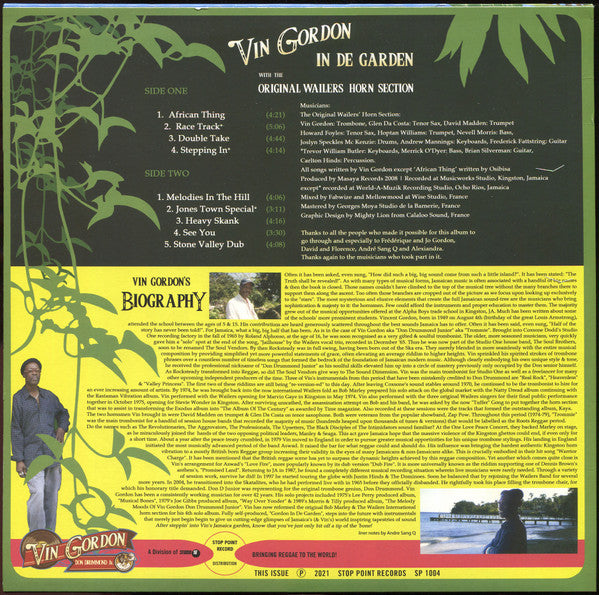 Image of Back Cover of 2915276C: LP - VIN GORDON WITH THE ORIGINAL WAILERS HORN SECTION, In De Garden (Stop Point Records; SP 1004, UK 2021)   VG+/VG+
