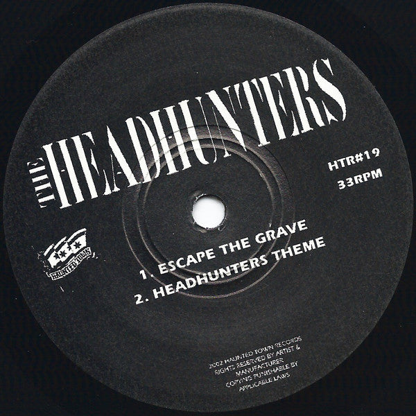 Image of Label Cover of 2925334E: 7" EP - THE HEADHUNTERS, Escape The Grave (Haunted Town Records ; HTR#19, US 2002, Promo Sleeve, Fold Over Sleeve, Black Vinyl With Promo Sleeve) PROMO SLEEVE  VG+/EX
