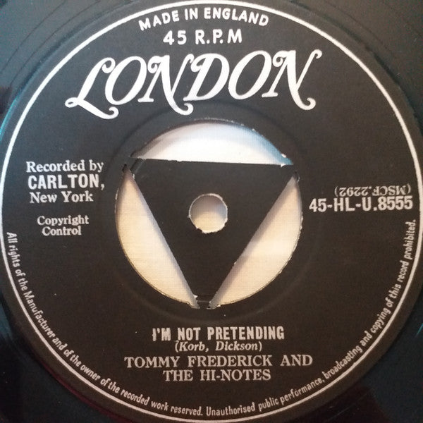 Image of Back Cover of 2925333E: 7" EP - TOMMY FREDERICK & THE HI-NOTES, The Prince Of Players / I'm Not Pretending (London Records ; HL-U 8555, UK 1958, Company Sleeve) Strong VG, No Centre, Sticker Stuck to Label  VG/VG