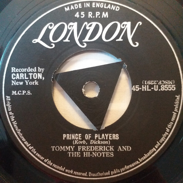 Image of Front Cover of 2925333E: 7" EP - TOMMY FREDERICK & THE HI-NOTES, The Prince Of Players / I'm Not Pretending (London Records ; HL-U 8555, UK 1958, Company Sleeve) Strong VG, No Centre, Sticker Stuck to Label  VG/VG