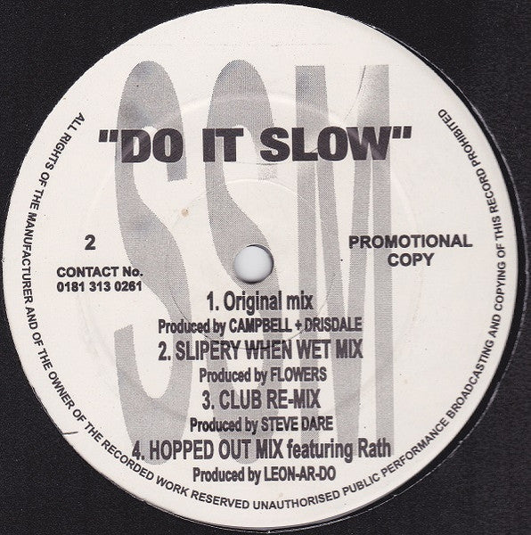 Image of Front Cover of 12" - /VG - S-ENCE, Do It Slow (SSM Records; SSM 123, UK 1998, Promo), , A1	Do It Slow (Original Mix)A2	Do It Slow (Slippery When Wet Mix)B1	Do It Slow (Club Re-Mix)B2	Do It Slow (Hopped Out Mix) - 2915343C