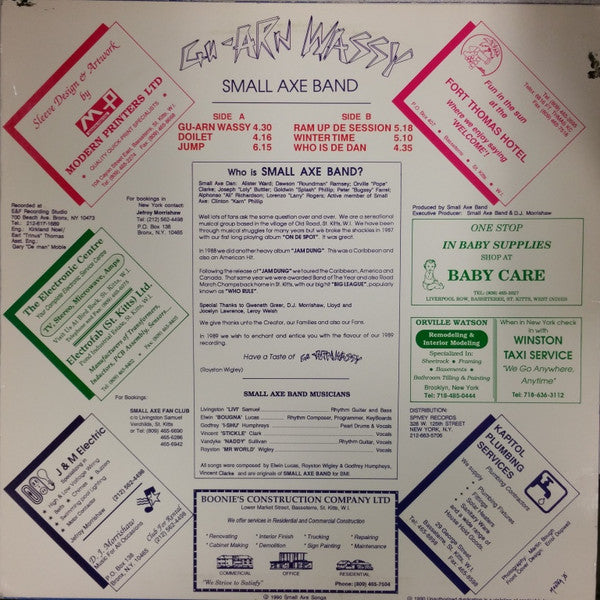 Image of Back Cover of LP - VG/VG+ - SMALL AXE BAND, Gu-Arn Wassy (Small Axe Records; SALP-003, US 1990), Still In Opened Shrinkwrap with light wear to open edge,  - 1746225S