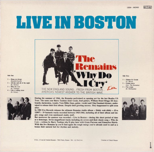 Image of Back Cover of LP - VG+/VG+ - THE REMAINS, Live In Boston (Eva; 12024, France 1983), Clean copy,  - 4315259C