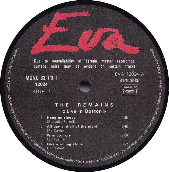 Image of Label Cover of LP - VG+/VG+ - THE REMAINS, Live In Boston (Eva; 12024, France 1983), Clean copy,  - 4315259C