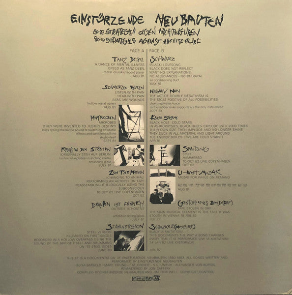 Image of Back Cover of LP - VG/VG - EINST RZENDE NEUBAUTEN, 80-83 Strategien Gegen Architekturen (Mute; STUMM 14, UK 1984, Insert, "timtom" Runout Side A), Light hairlines. Slight ringwear.,  - 3926171E